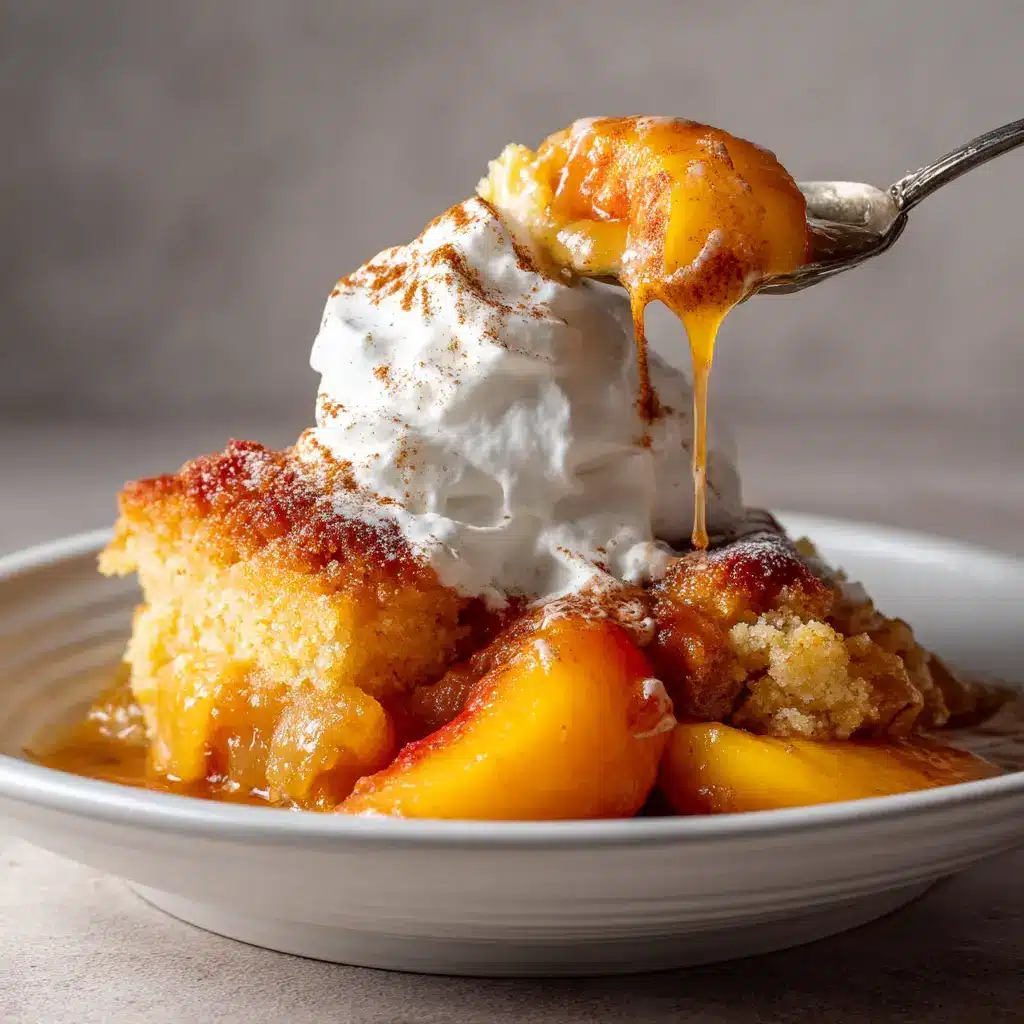 A warm serving of peach cobbler poke cake in a baking dish, ready to be served. The crumble topping is golden brown.