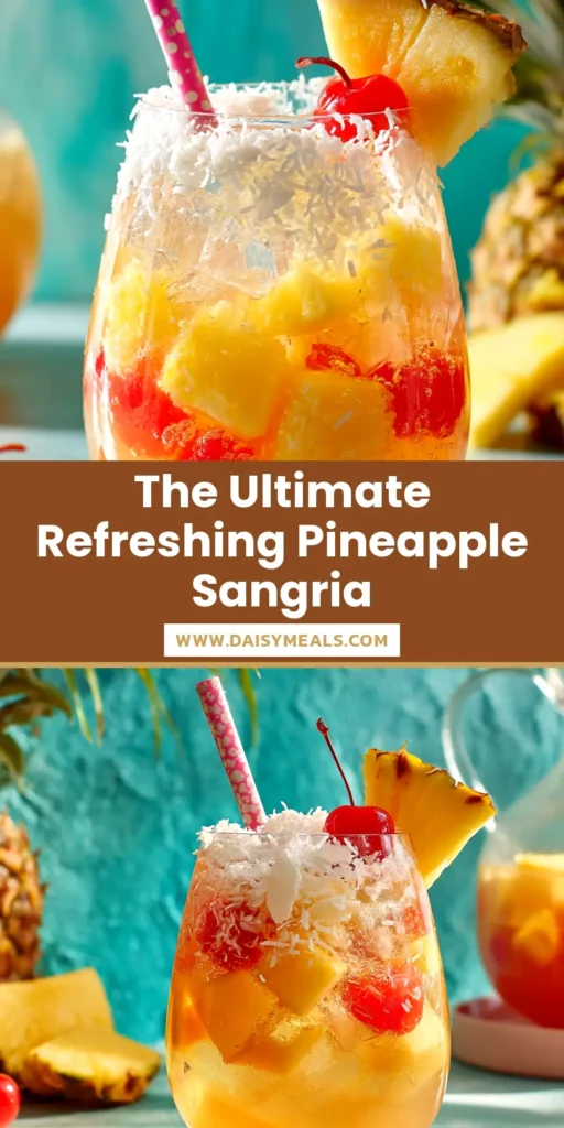 A large glass pitcher filled with refreshing Pineapple Sangria, garnished with fresh pineapple chunks and lime slices, ready to be served.