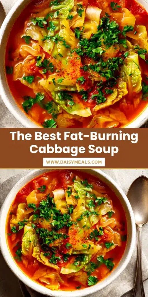 Fat-Burning Cabbage Soup That Actually Tastes Amazing 3 A close-up shot of a bowl of delicious fat-burning cabbage soup, loaded with fresh vegetables. The perfect healthy weight loss soup recipe.