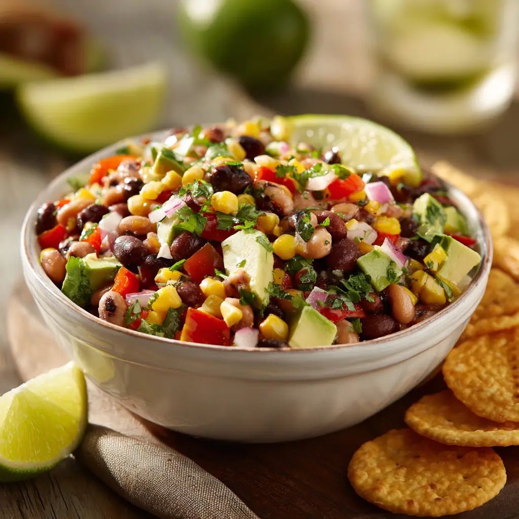 A large serving bowl filled with the finished Cowboy Caviar dip, with a serving spoon ready. The dip is garnished with fresh cilantro, ready for a party.