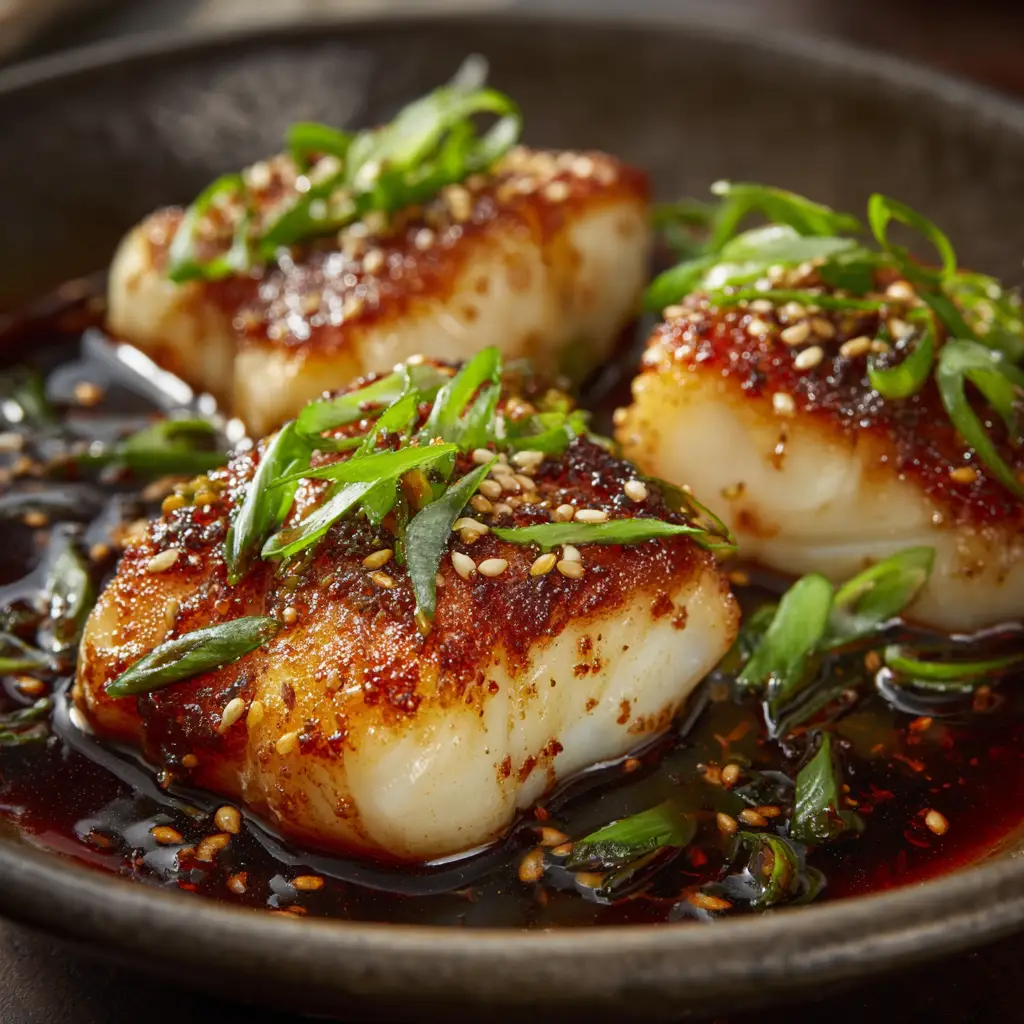 A piece of flaky ginger soy cod being lifted with a fork, showing the moist interior of the cooked fish.