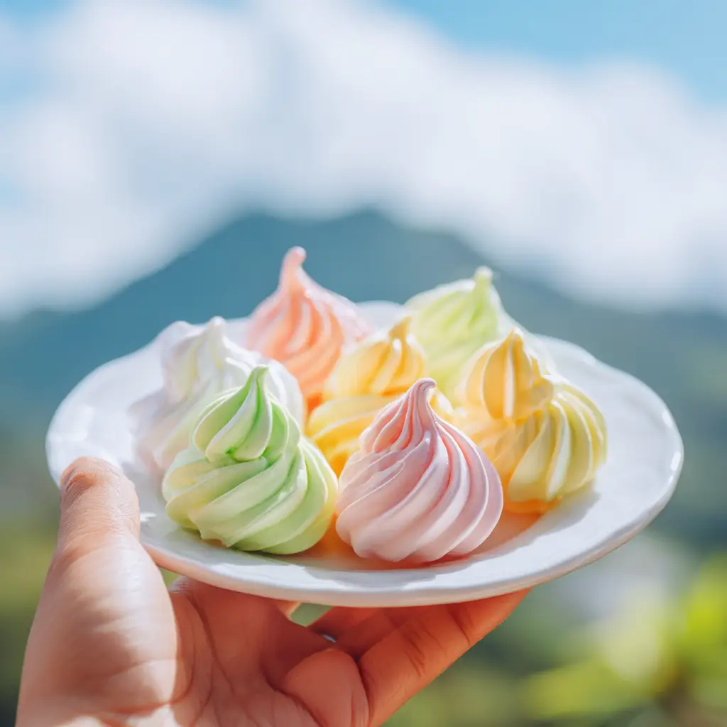 A close-up shot of light pink and yellow jello meringue cookies on a small white plate, showcasing their crisp texture.