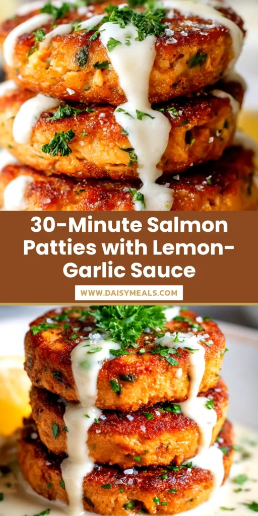 A close-up shot of perfectly golden-brown and crispy salmon patties served on a white plate with a side of lemon-dill aioli and fresh lemon wedges.