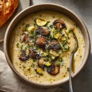 A top-down view of a rustic ceramic bowl filled with chunky French vegetable soup, also known as ratatouille soup. The vibrant colors of zucchini, tomatoes, and peppers are visible.