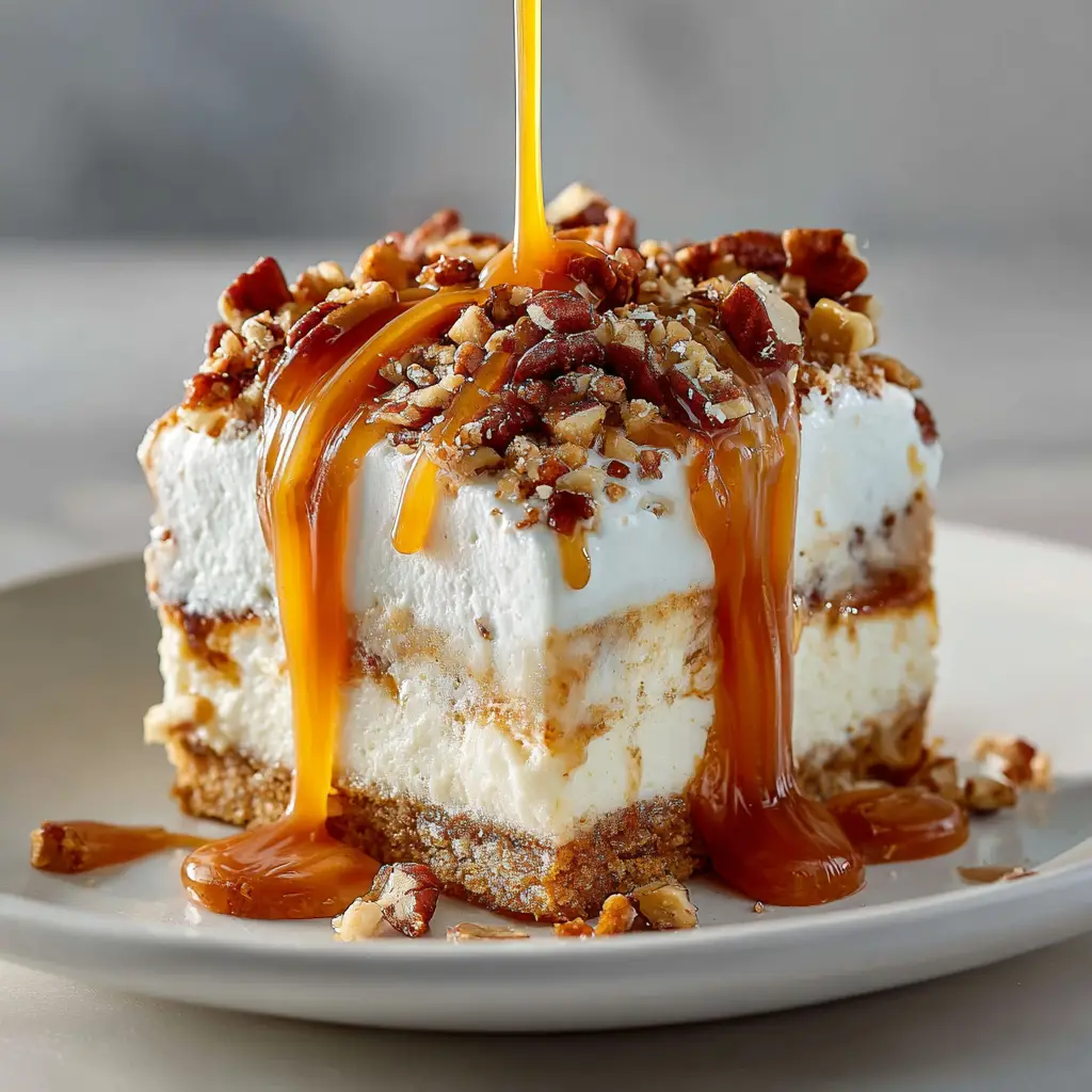 A close-up overhead shot of Caramel Pecan Bars fresh from the pan, showcasing the glossy, bubbly caramel and toasted pecan topping.
