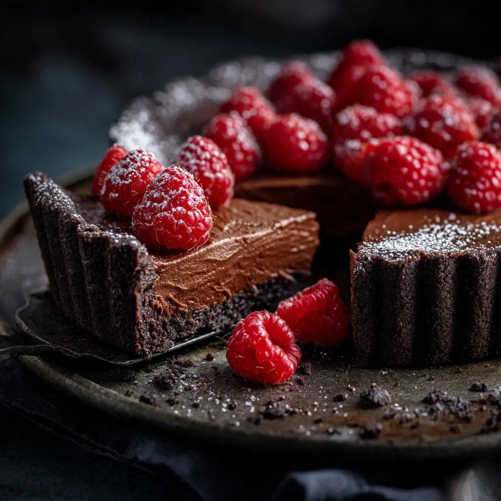 The full 8x8 chocolate custard cake, freshly baked and dusted with powdered sugar, sitting on a rustic wooden table.