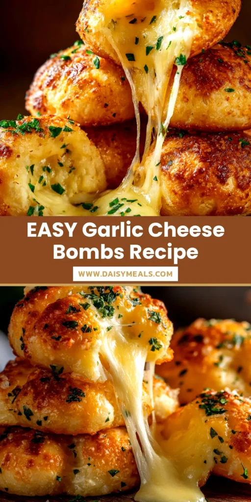 An overhead shot of golden brown garlic cheese bombs in a round baking dish, with one being pulled away to show a gooey cheese pull.
