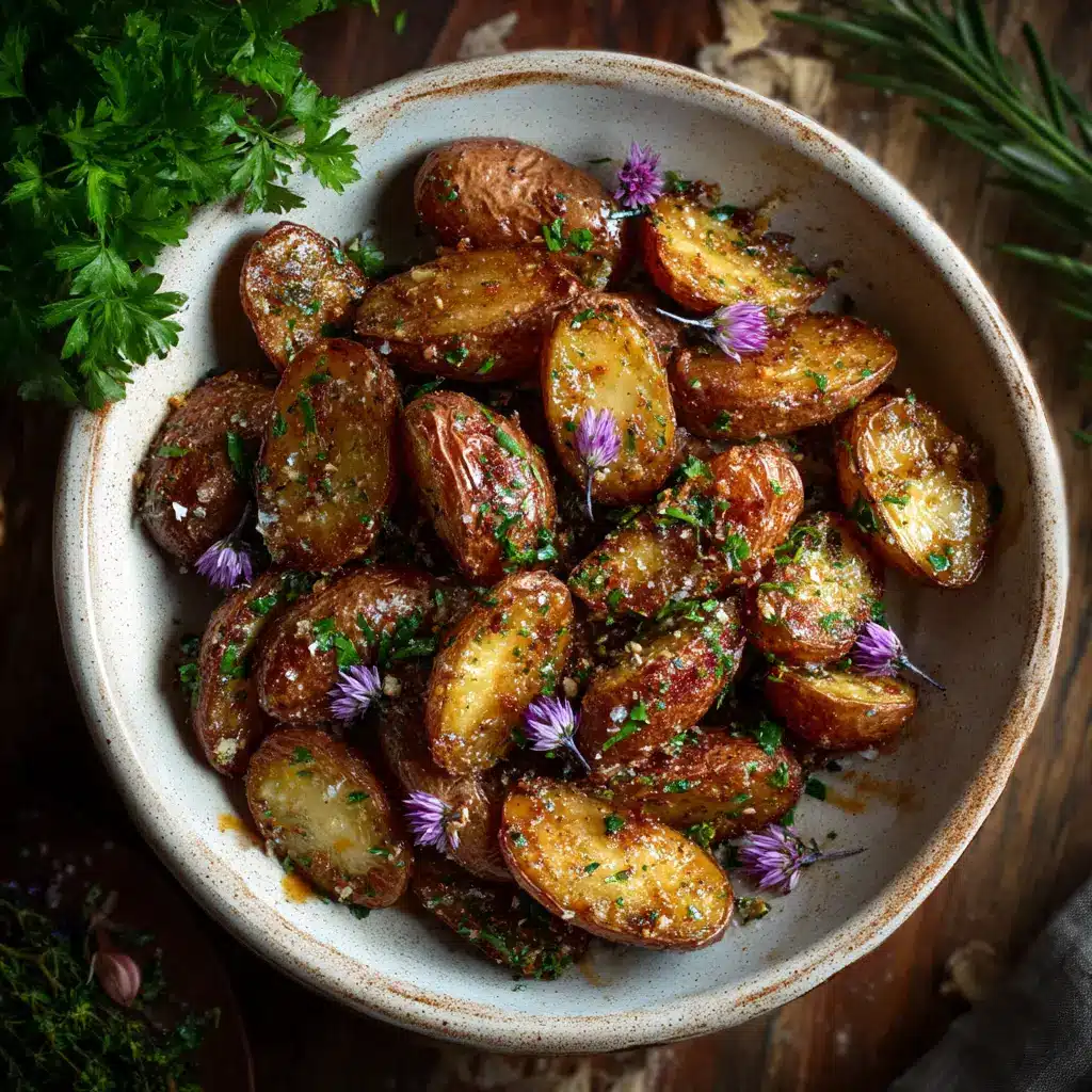 A bowl of garlic and herb roasted potatoes ready to be served. The potatoes are halved to show their fluffy interior and golden-brown exterior.