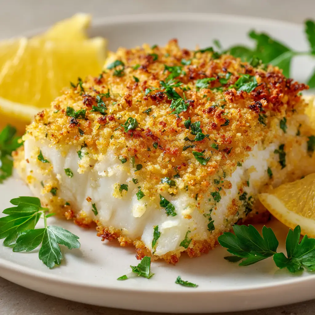 A serving of Garlic Parmesan Crusted Halibut on a white plate, ready to be eaten. The fillet is perfectly cooked and topped with a generous amount of crispy breadcrumbs.