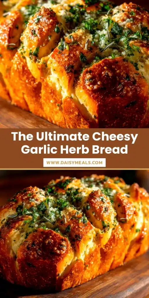A golden-brown loaf of homemade Garlic Parmesan Herb Bread being pulled apart, revealing a soft, cheesy interior. Perfect for any dinner party or family meal.