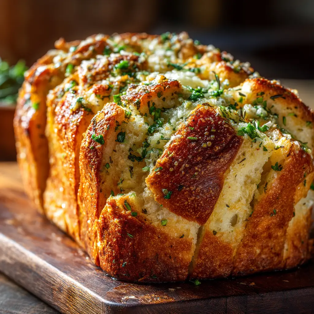 Slices of warm Garlic Parmesan Herb Bread stacked together, showing the soft, airy texture of the bread's interior and the layers of garlic butter.