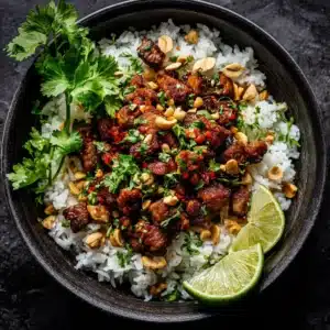 An overhead shot of raw pork tenderloin in a dark ceramic bowl, covered in a fresh ginger lime marinade with visible pieces of garlic and ginger.