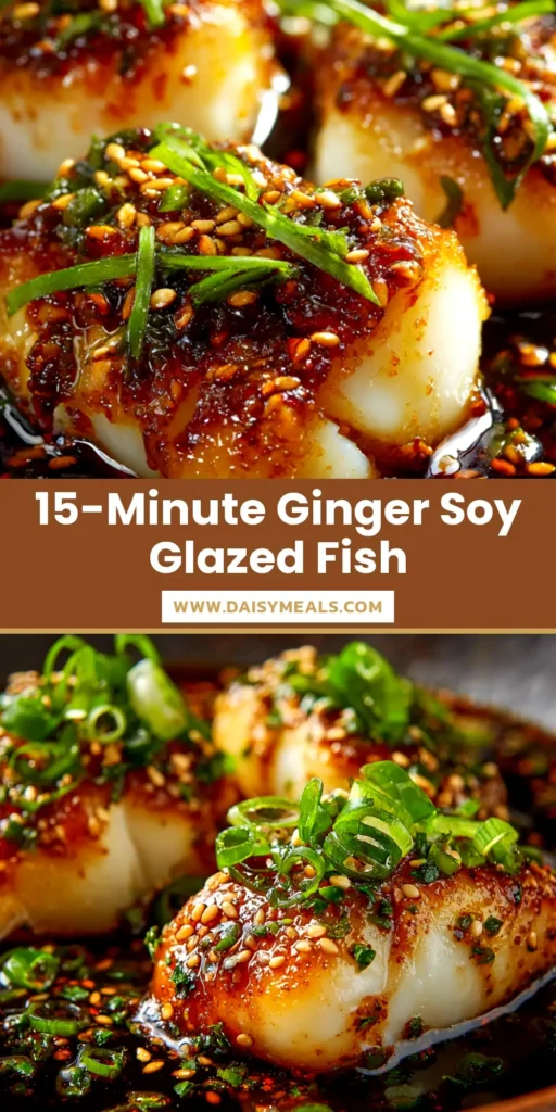 An overhead shot of a perfectly cooked Ginger Soy Fish fillet in a pan, garnished with green onions and sesame seeds. The sauce is bubbling around the fish.
