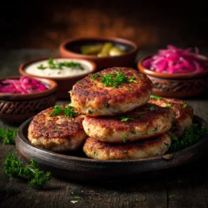 Several golden-brown Persian kotlet patties arranged on a white plate, highlighting their crispy texture.