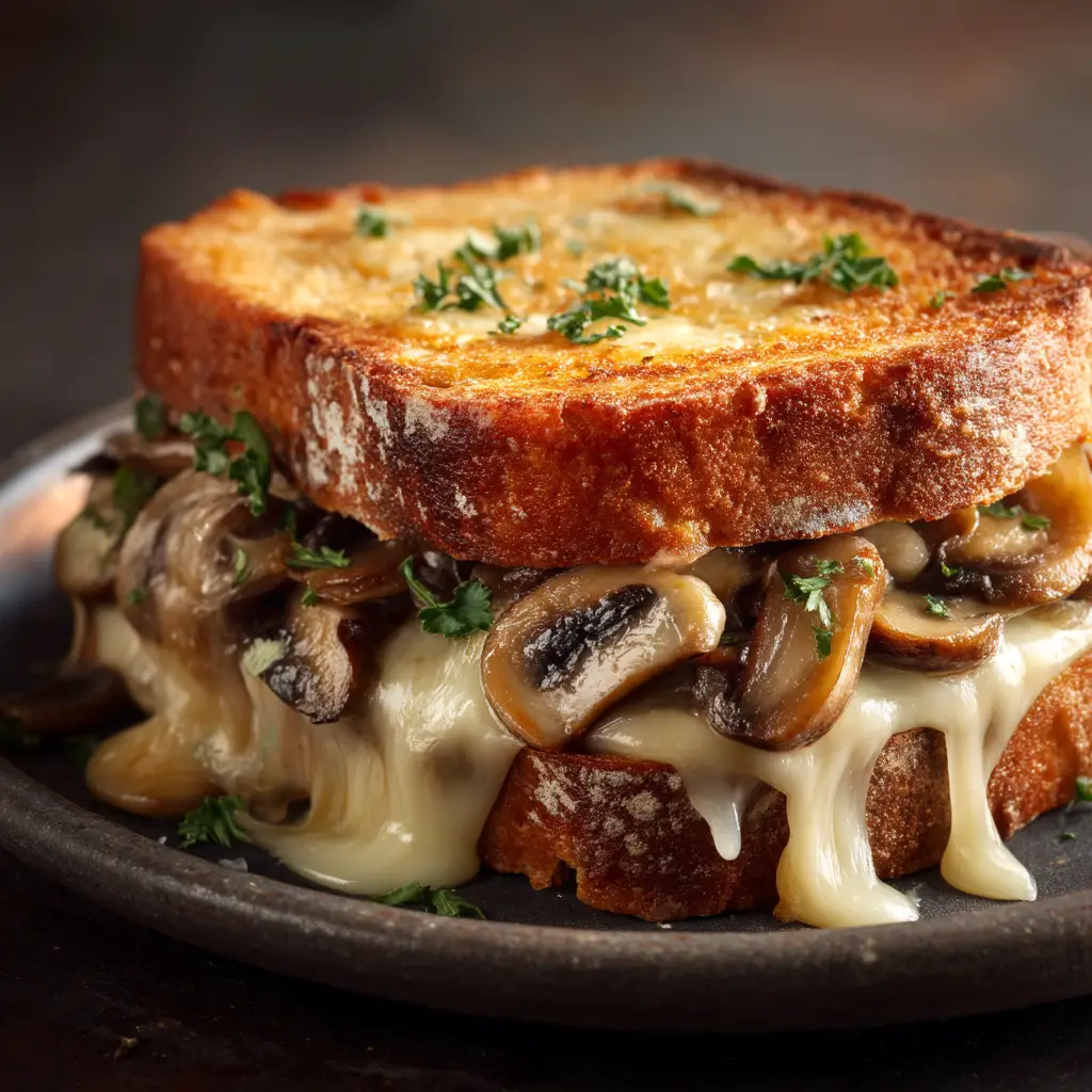 Swiss Mushroom Melt: The Ultimate Diner-Style Recipe 2 Extreme close-up of a gourmet mushroom swiss melt, showing the texture of the melted cheese and sautéed mushrooms.