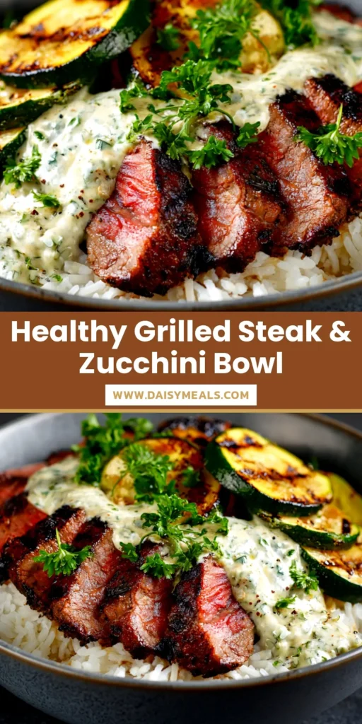 An overhead shot of a delicious Grilled Steak Bowl, featuring juicy sliced steak, cilantro lime rice, black beans, corn, and avocado. The perfect healthy dinner recipe.