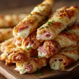 A close-up of a hand pulling apart a warm ham and cheese stick, revealing a gooey cheese pull.