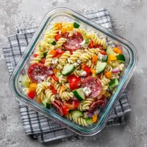 A close-up of the healthy Italian pasta salad in a glass meal prep container, highlighting the fresh cucumbers, tomatoes, and mozzarella pearls.