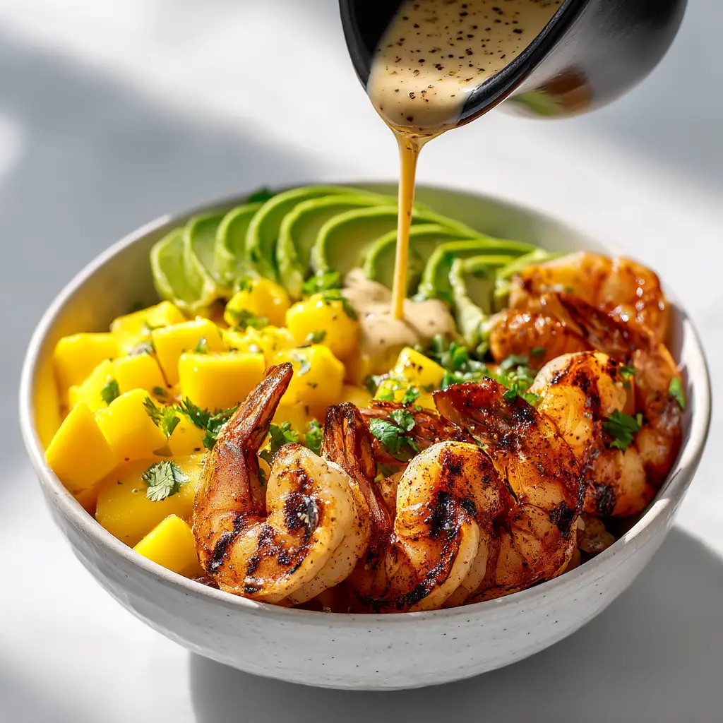 A close-up view of a healthy shrimp bowl, showcasing the perfectly cooked shrimp, creamy avocado slices, and fresh vegetables on a bed of quinoa.