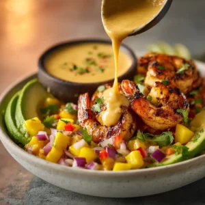 A close-up action shot of chili-lime dressing being drizzled over a healthy shrimp bowl with avocado and corn.