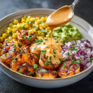 A close-up of a healthy shrimp rice bowl, showing the perfectly grilled shrimp and fresh vegetable toppings like avocado and tomato.