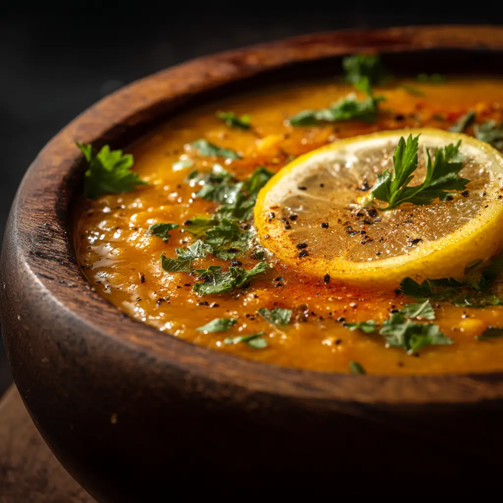 A close-up shot of the healthy lentil soup, showing the texture of the lentils, carrots, and celery in a rich, golden broth.