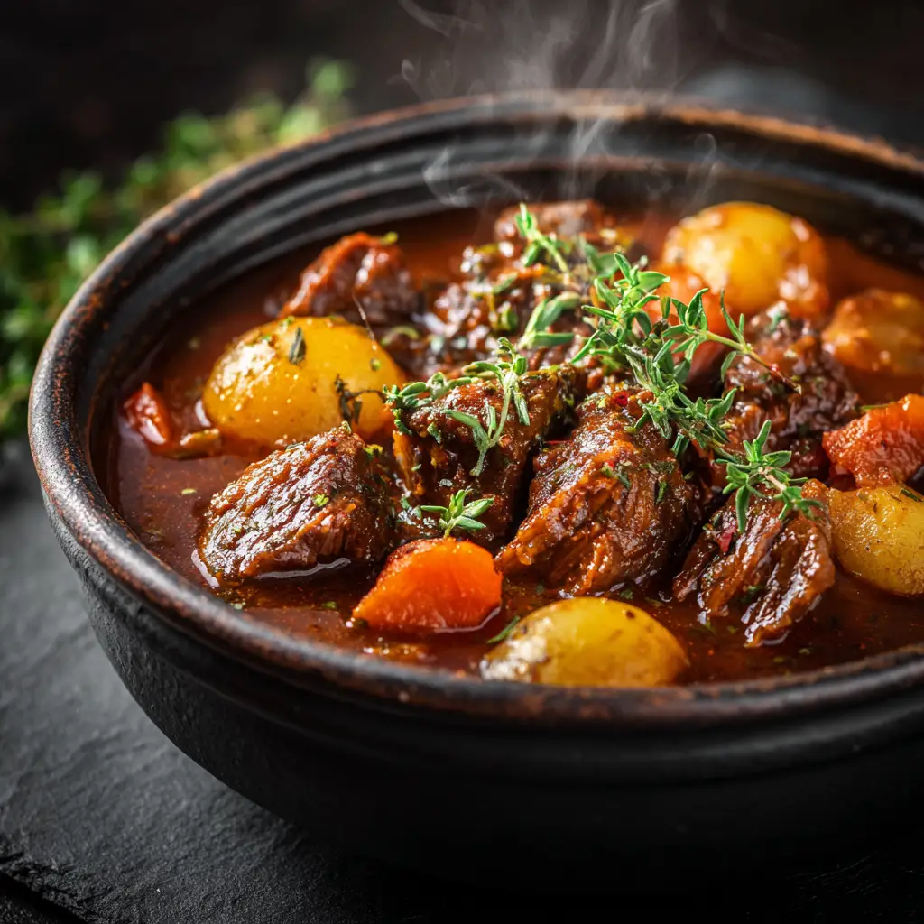A spoonful of hearty beef stew being lifted from a bowl, highlighting the perfectly cooked potatoes, carrots, and tender beef.