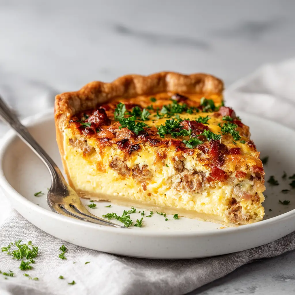 A thick slice of deep-dish meat lovers quiche on a white plate. Layers of egg, cheese, bacon, and sausage are clearly visible in this hearty breakfast quiche.