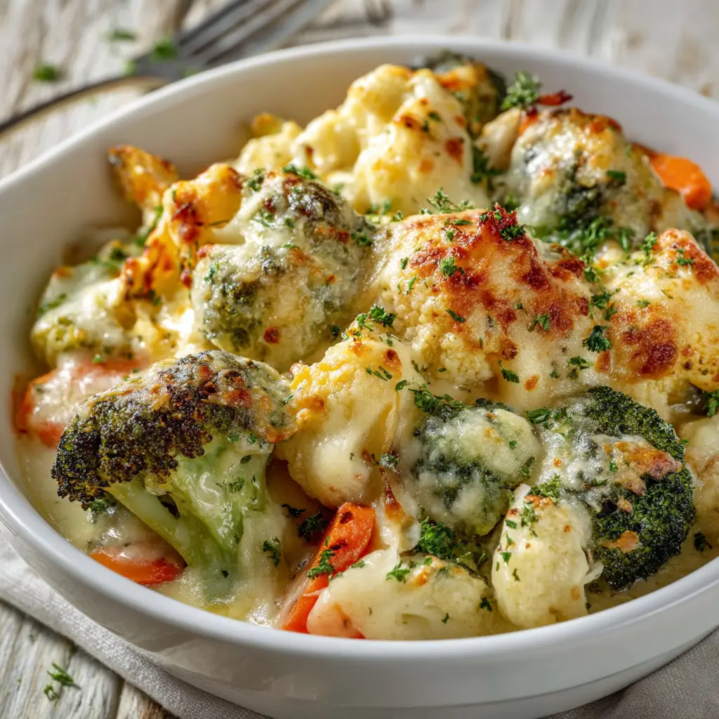 A close-up spoonful of the hearty vegetable casserole, highlighting the creamy cheese sauce coating pieces of carrot, broccoli, and sweet potato.