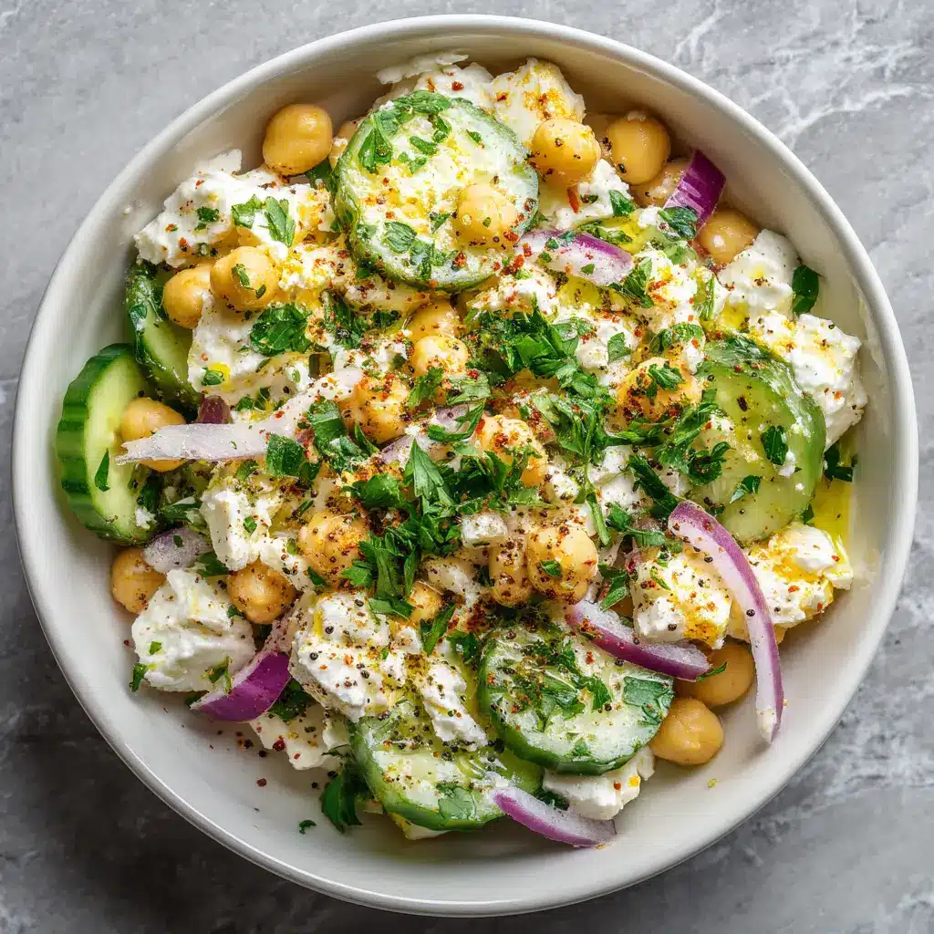 A close-up view of the high-protein chickpea salad, showing the texture of the mashed chickpeas and fresh herbs in a creamy dressing.