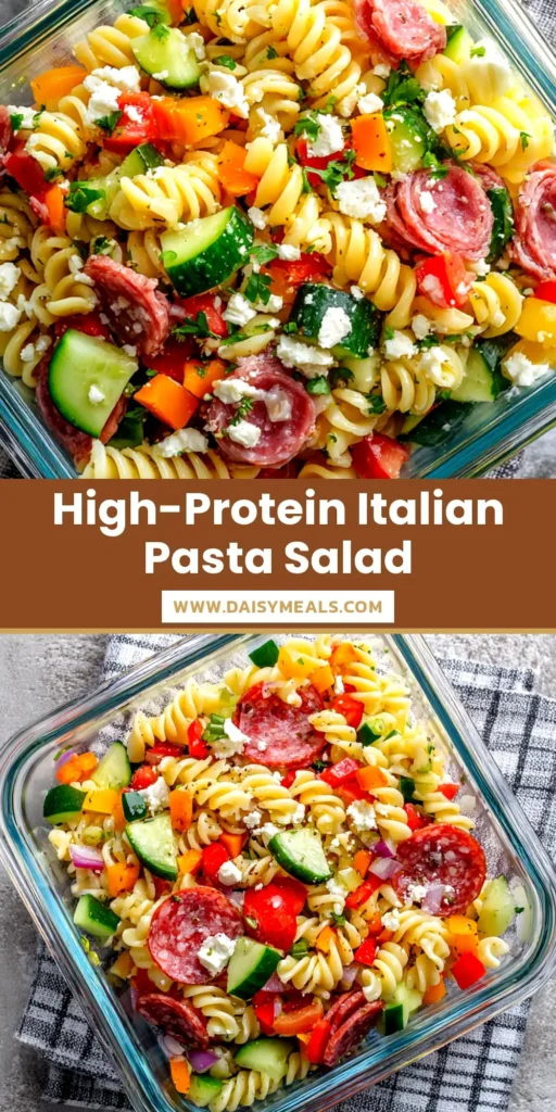 High-Protein Italian Pasta Salad (Easy & Flavorful) 4 An overhead shot of the High-Protein Italian Pasta Salad in a large white bowl, showing all the colorful ingredients like chicken, tomatoes, and mozzarella. A serving spoon is resting in the bowl.