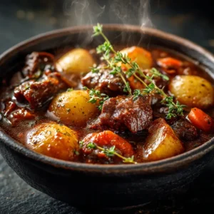 A close-up view of tender beef and vegetables in a rich, dark gravy, showcasing the texture of this homemade beef stew recipe.