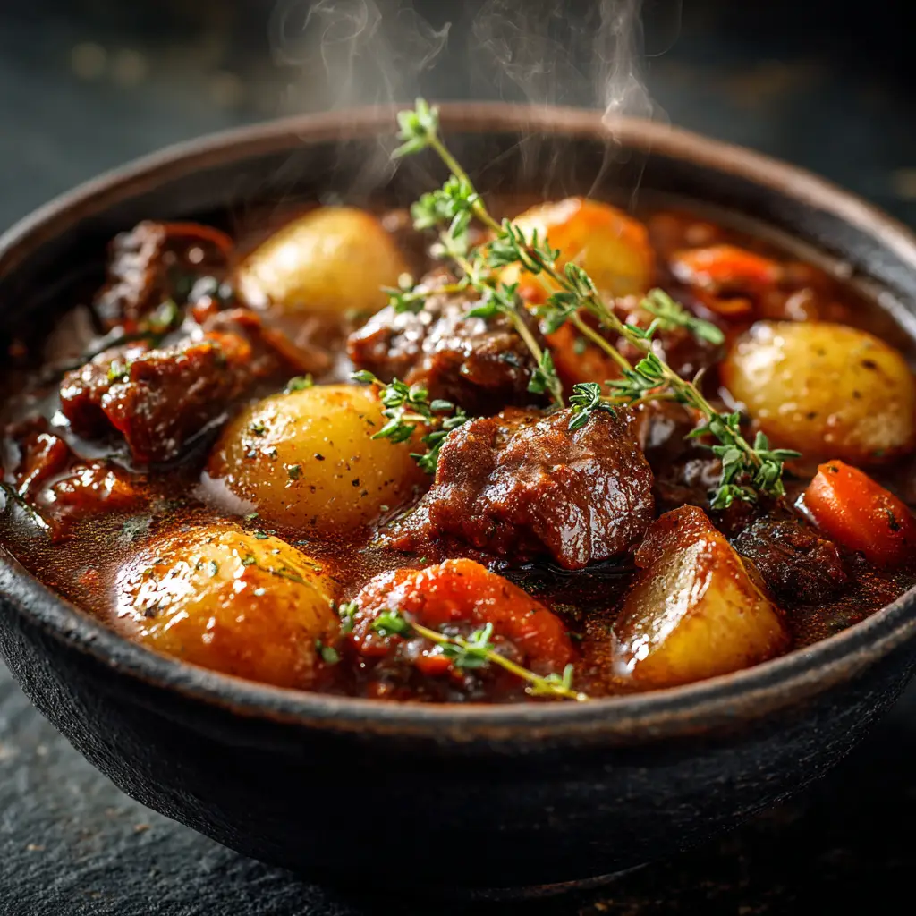 A close-up view of tender beef and vegetables in a rich, dark gravy, showcasing the texture of this homemade beef stew recipe.