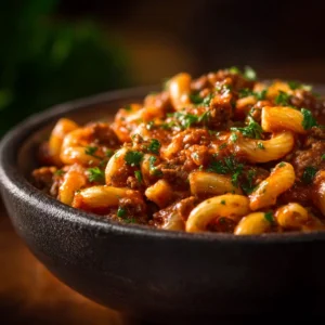 A close-up, eye-level photograph of homemade beefaroni in a white bowl, showcasing the cheesy texture and ground beef.