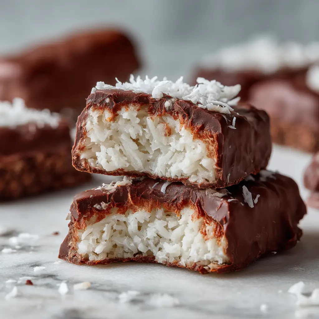 A homemade chocolate coconut bar sliced in half to show the thick, chewy coconut filling inside the rich chocolate shell. This image showcases the delicious texture of the bounty bars recipe.