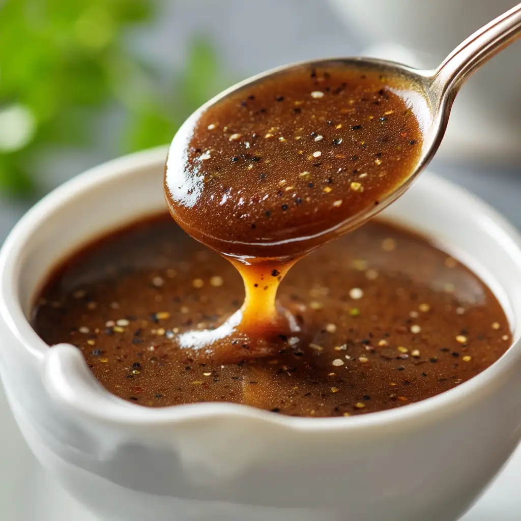 A close-up shot of a spoon lifting thick, glossy brown gravy from a bowl, showcasing its smooth texture.