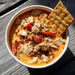 An overhead shot of a bowl of creamy crab stew, with a spoon dipping in to show the rich texture and generous pieces of crab.