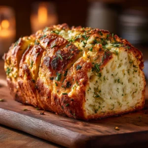 A rustic loaf of freshly baked cheesy herb bread, with melted parmesan and visible herbs on its golden crust, sitting on a wooden board.