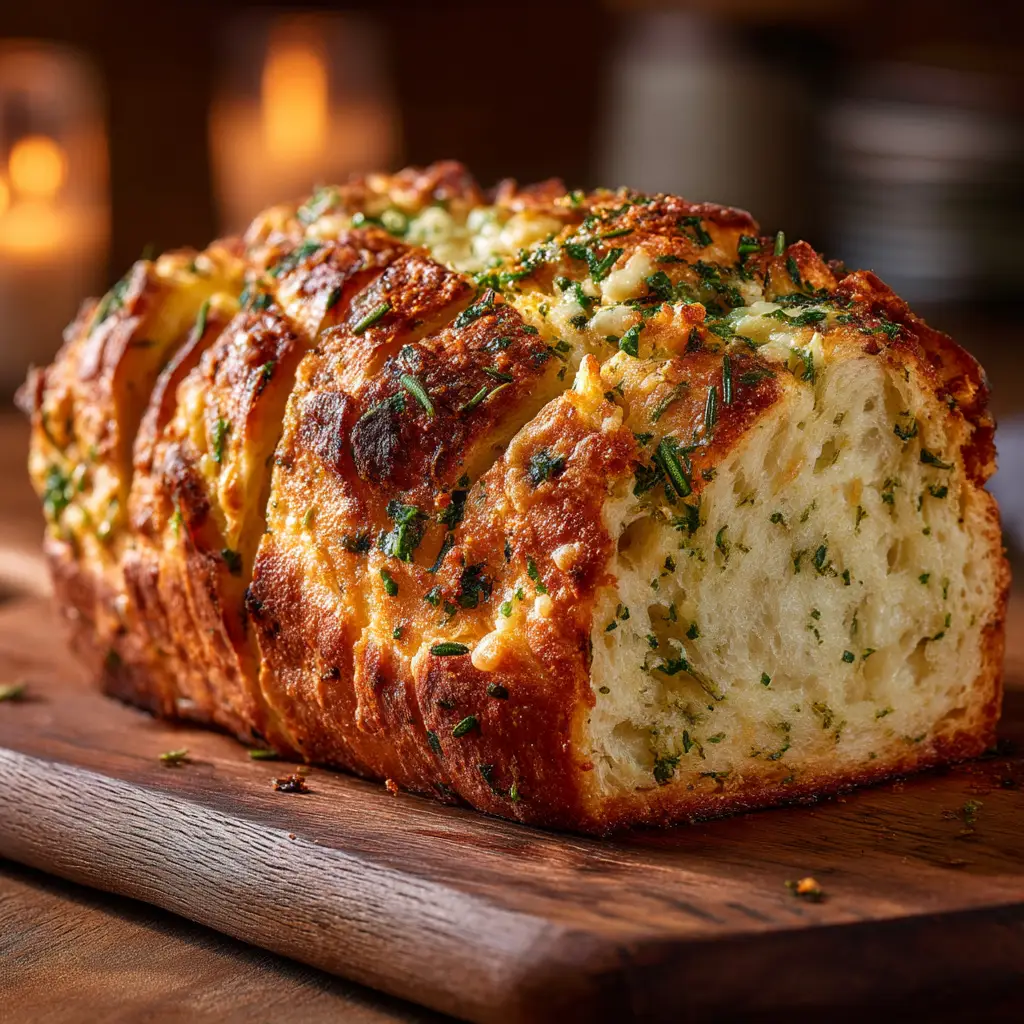 A rustic loaf of freshly baked cheesy herb bread, with melted parmesan and visible herbs on its golden crust, sitting on a wooden board.