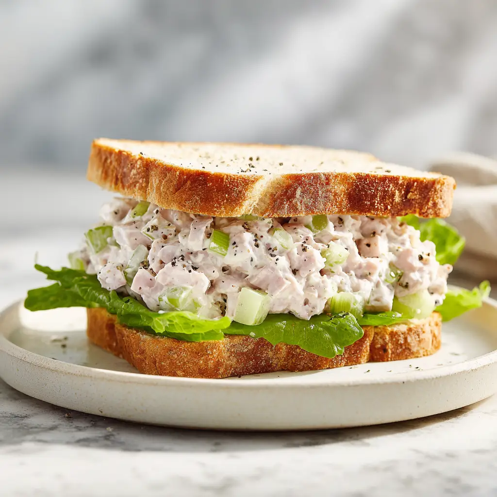 A bright, appetizing shot of homemade ham salad in a serving bowl, showcasing its creamy texture with bits of celery and onion.
