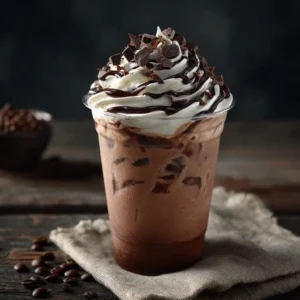 A refreshing homemade iced mocha in a clear plastic cup with a straw, showcasing the layers of coffee and milk.