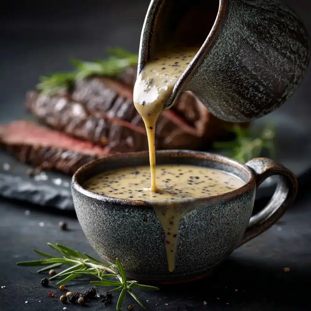 A small white saucepan filled with creamy peppercorn sauce, sitting on a dark surface. A whisk rests in the pan, and crushed peppercorns are scattered nearby.