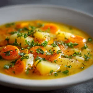 A close-up shot of homemade potato carrot soup in a white bowl, showcasing its thick and hearty texture. The vibrant orange color is highlighted with a swirl of cream.