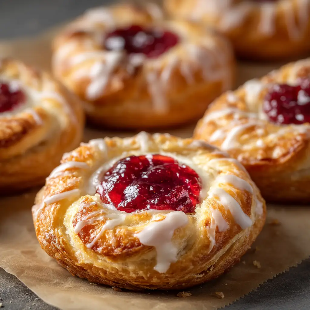 Raspberry Cheesecake Danish: The Ultimate Bakery-Style Treat 2 A close-up shot of several freshly baked raspberry cream cheese danishes on a cooling rack. The puff pastry is golden and flaky, highlighting the delicious texture.