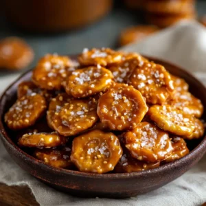 A close-up macro shot of Salted Caramel Cracker Bites stacked on a dark ceramic plate, highlighting the flaky sea salt on top.