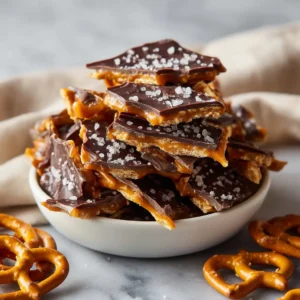 A stack of Salted Caramel Pretzel Bark pieces on a plate, highlighting the crunchy pretzel base and rich chocolate topping.