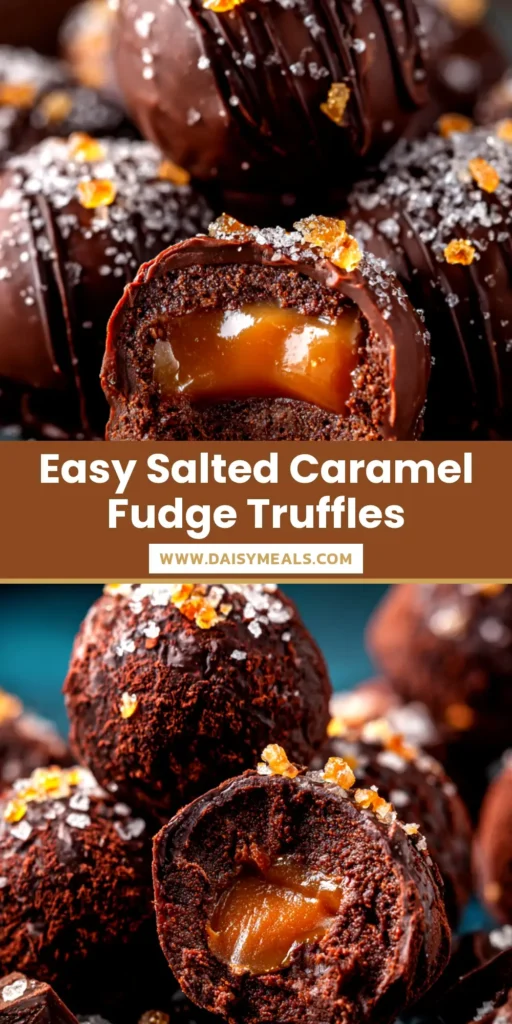 A close up shot of homemade salted caramel truffles stacked on a plate, with one cut in half to show the gooey caramel center.