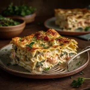 A close-up view of a homemade seafood lasagna in a baking dish, with a slice taken out to show the creamy layers inside.