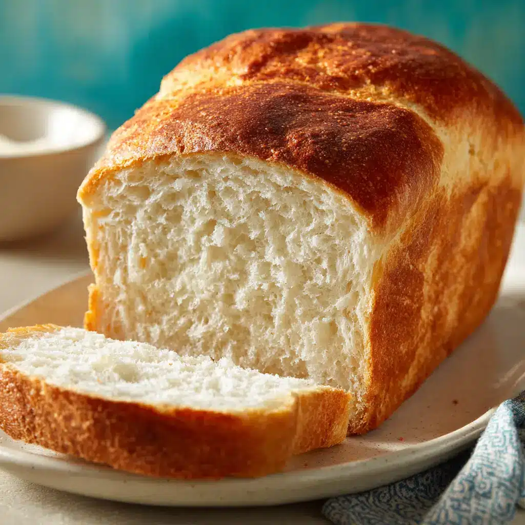 A side view of a perfectly baked homemade Amish white bread, showcasing its golden crust and impressive oven spring.