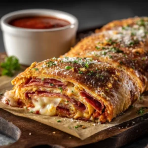 A close-up shot of a golden-brown baked stromboli on a wooden cutting board, with one slice cut showing the melted cheese and meat layers.